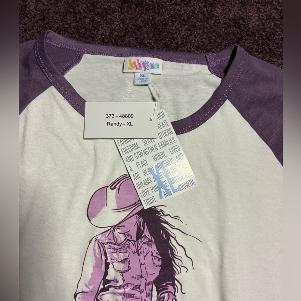LuLaRoe Lavender and Cream Graphic Raglan Tee - Picture 3 of 5